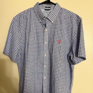 US Polo Assn Men’s Short Sleeve Button-Up Shirt Blue Checker Short Sleeve-XL